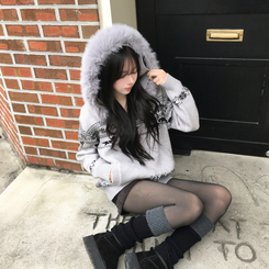 ノルディックファーフードニットジップアップ GREY