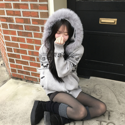 ノルディックファーフードニットジップアップ GREY