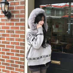 ノルディックファーフードニットジップアップ GREY