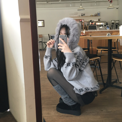 ノルディックファーフードニットジップアップ GREY