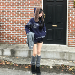 ノルディックファーフードニットジップアップ NAVY