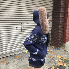 ノルディックファーフードニットジップアップ NAVY