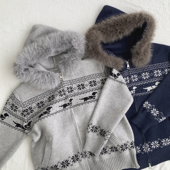 ノルディックファーフードニットジップアップ