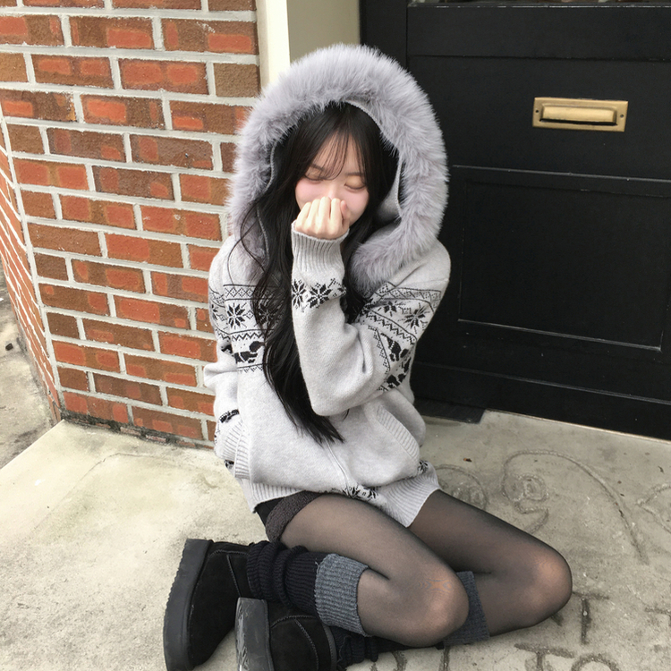 ノルディックファーフードニットジップアップ GREY