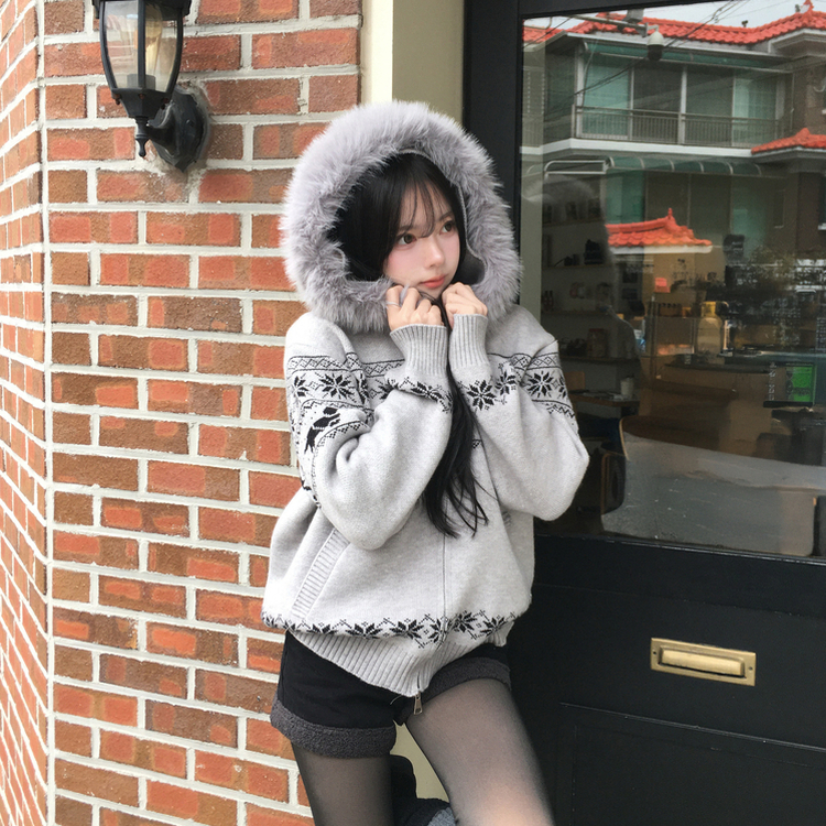 ノルディックファーフードニットジップアップ GREY