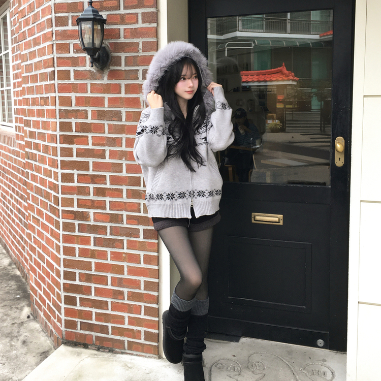 ノルディックファーフードニットジップアップ GREY