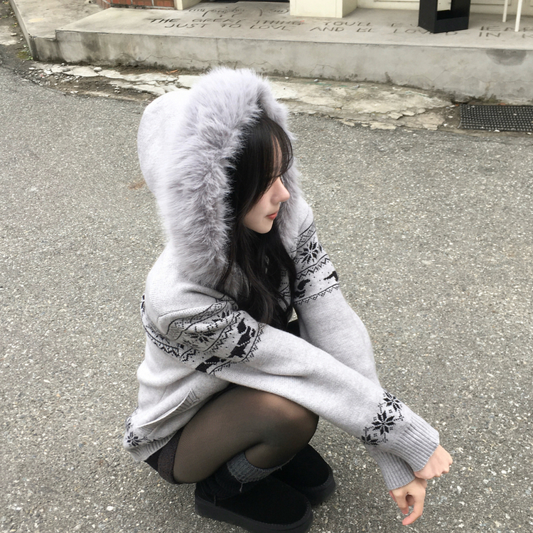 ノルディックファーフードニットジップアップ GREY