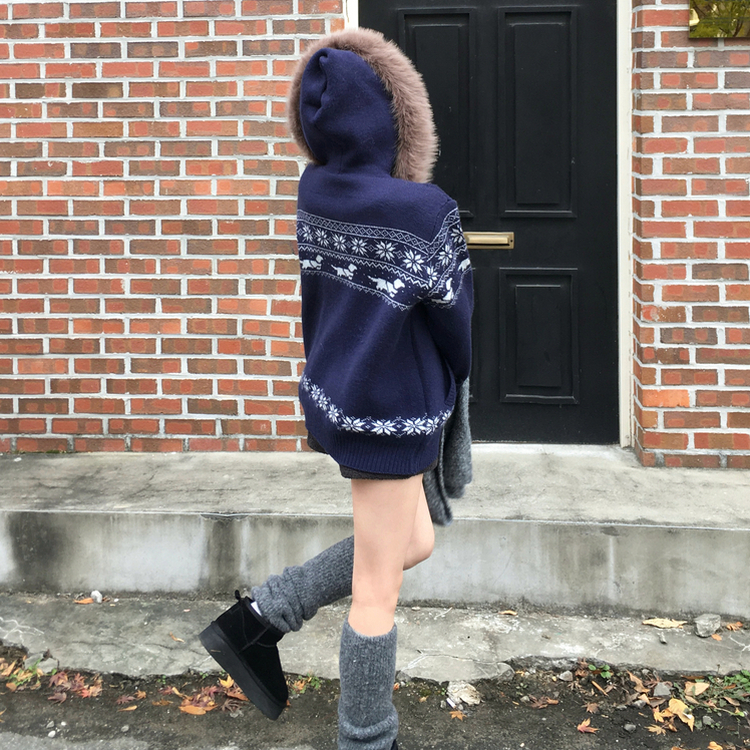 ノルディックファーフードニットジップアップ NAVY