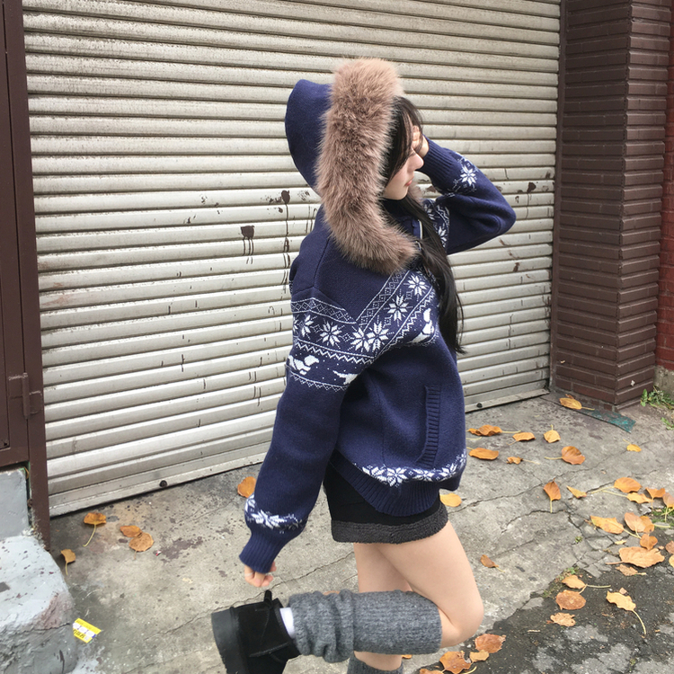 ノルディックファーフードニットジップアップ NAVY