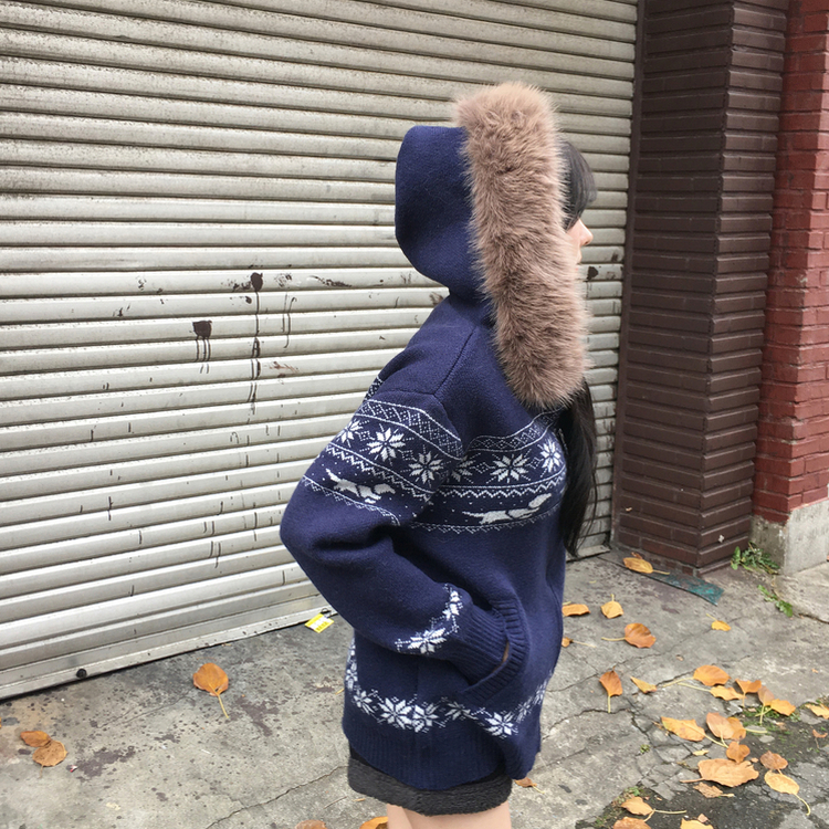 ノルディックファーフードニットジップアップ NAVY