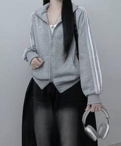 【起毛】レースラインペンダントハイネックジップアップ GREY