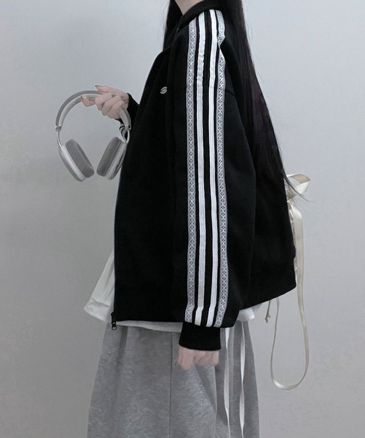 【起毛】レースラインペンダントハイネックジップアップ BLACK