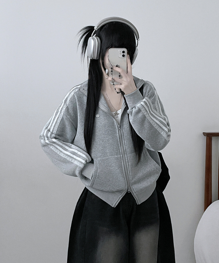 【起毛】レースラインペンダントハイネックジップアップ GREY