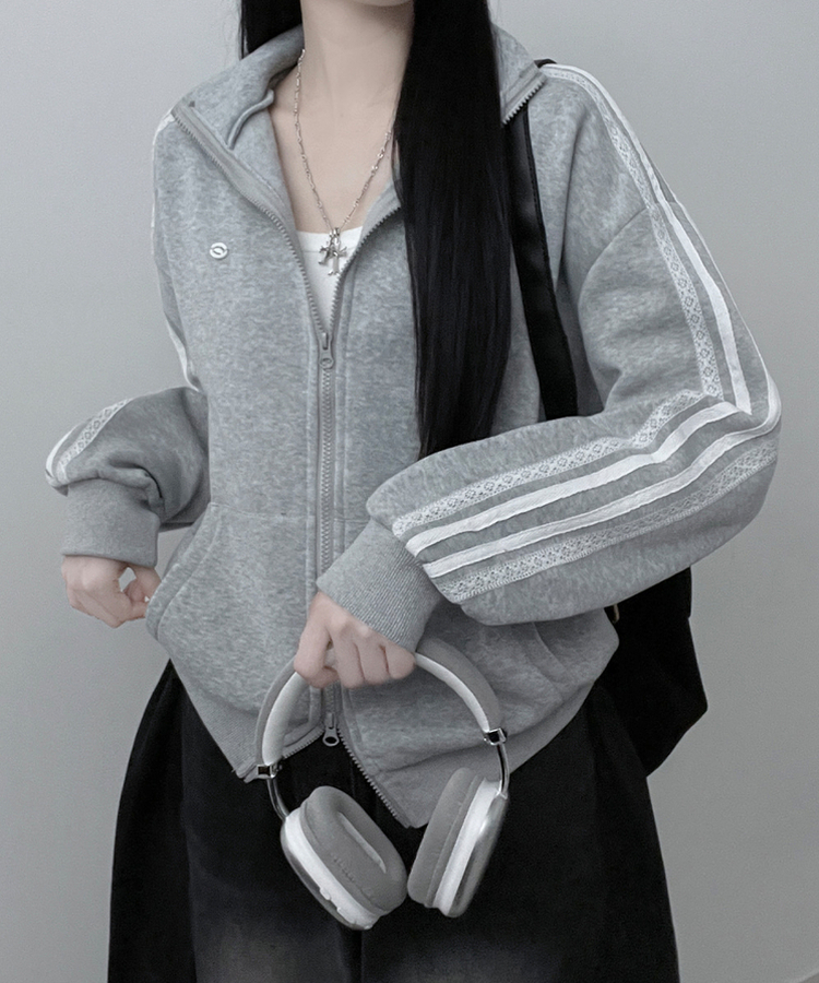 【起毛】レースラインペンダントハイネックジップアップ GREY