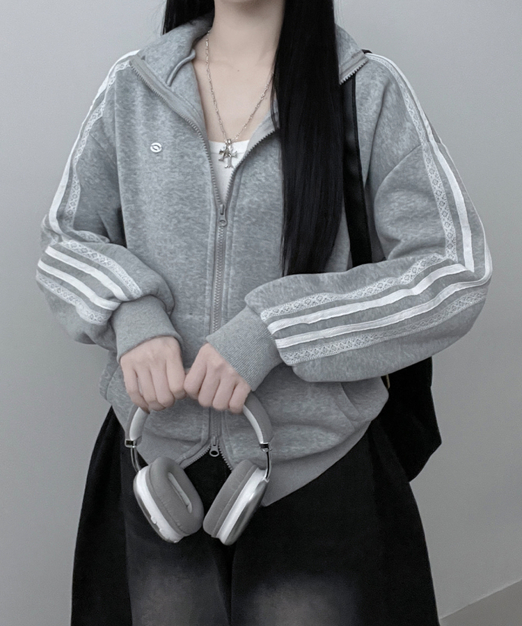 【起毛】レースラインペンダントハイネックジップアップ GREY