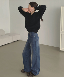 【丈別】【起毛】クラシックバンディングスパンデニムパンツ VINTAGE DEEP BLUE