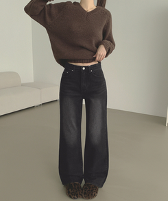 【丈別】【起毛】クラシックバンディングスパンデニムパンツ BLACK