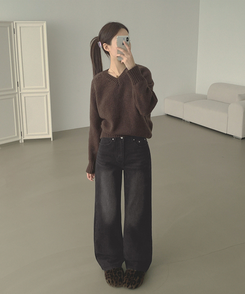 【丈別】【起毛】クラシックバンディングスパンデニムパンツ BLACK