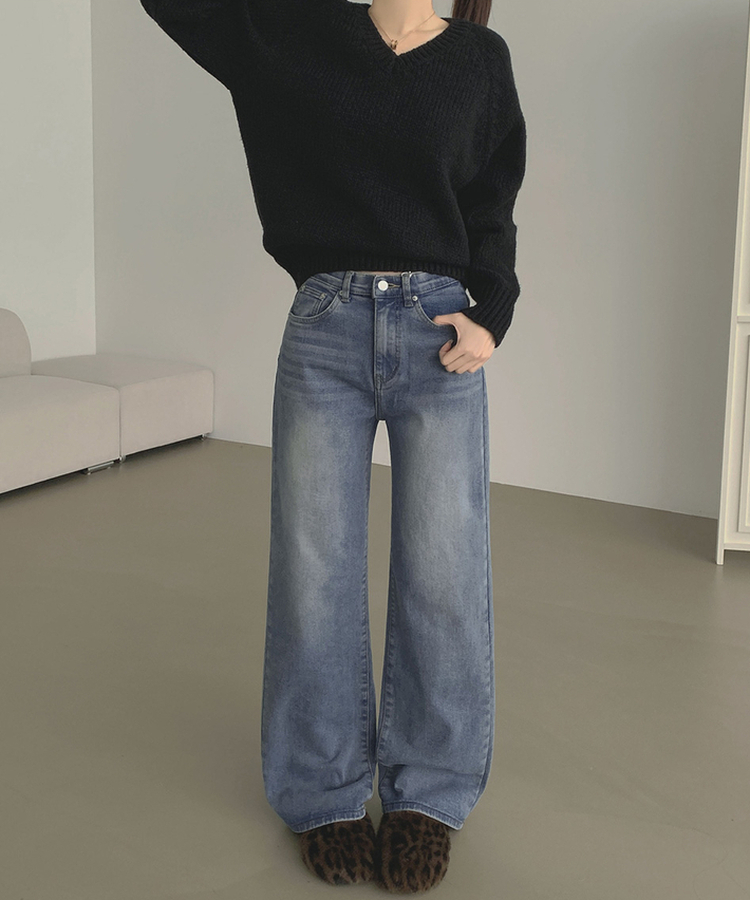 【丈別】【起毛】クラシックバンディングスパンデニムパンツ VINTAGE LIGHT BLUE