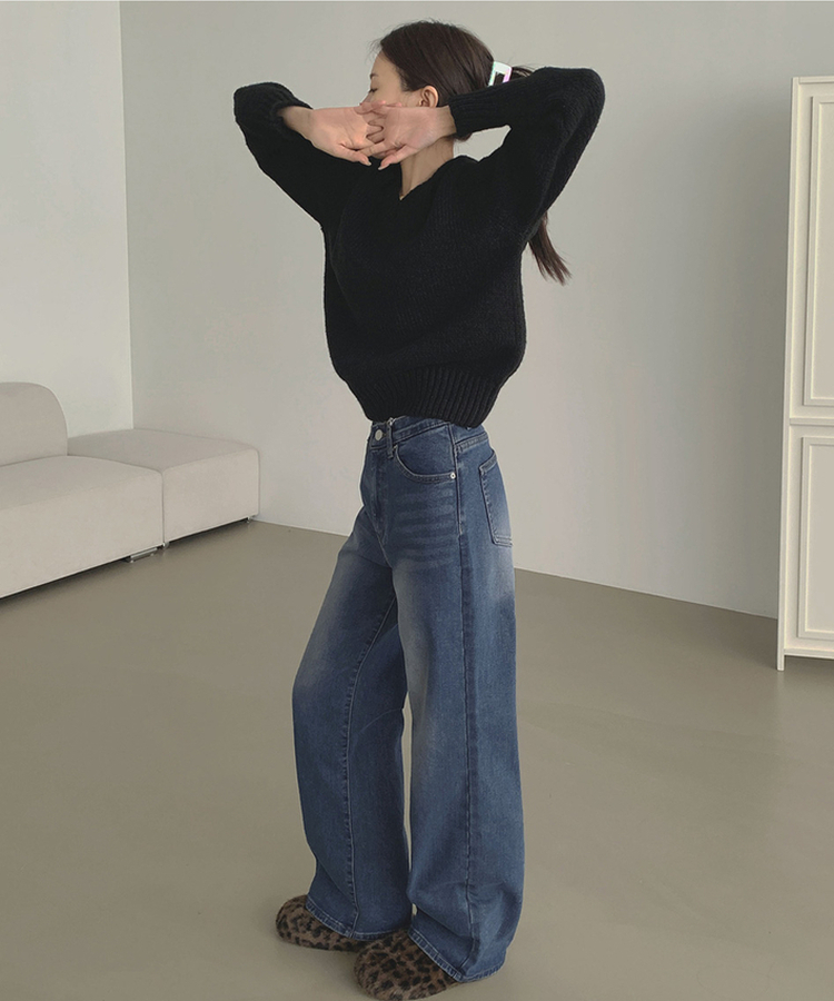 【丈別】【起毛】クラシックバンディングスパンデニムパンツ VINTAGE DEEP BLUE