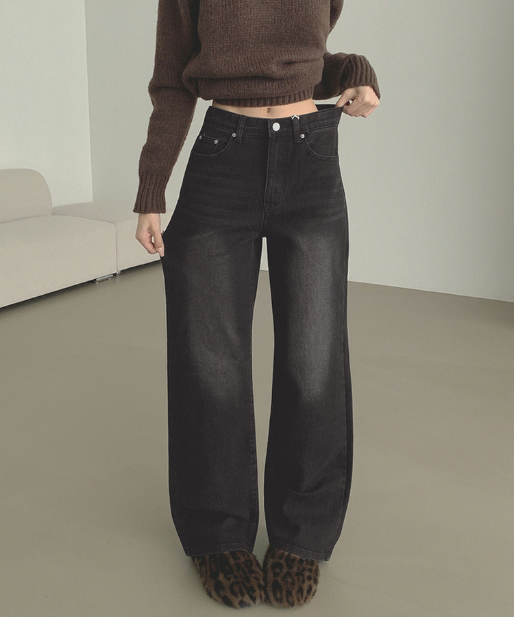 【丈別】【起毛】クラシックバンディングスパンデニムパンツ BLACK