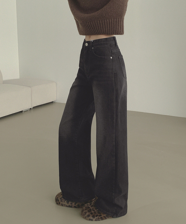 【丈別】【起毛】クラシックバンディングスパンデニムパンツ BLACK