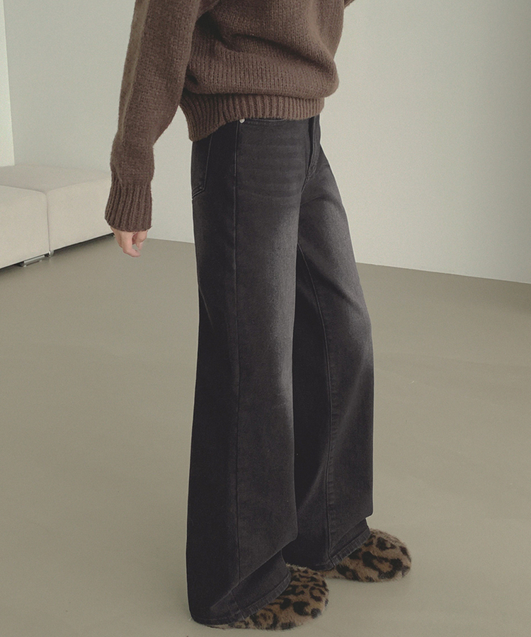 【丈別】【起毛】クラシックバンディングスパンデニムパンツ BLACK