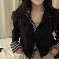 チェックバイカラーフードニットカーディガン(5color) NAVY