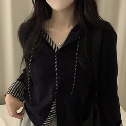 チェックバイカラーフードニットカーディガン(5color) NAVY