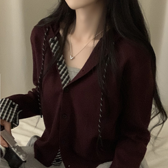 チェックバイカラーフードニットカーディガン(5color) WINE