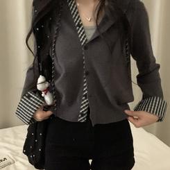 チェックバイカラーフードニットカーディガン(5color) GREY