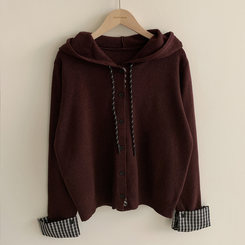 チェックバイカラーフードニットカーディガン(5color)