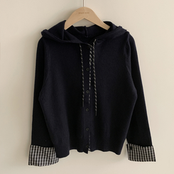 チェックバイカラーフードニットカーディガン(5color)