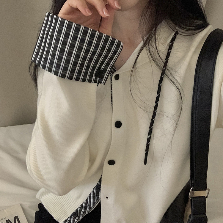 チェックバイカラーフードニットカーディガン(5color) BEIGE