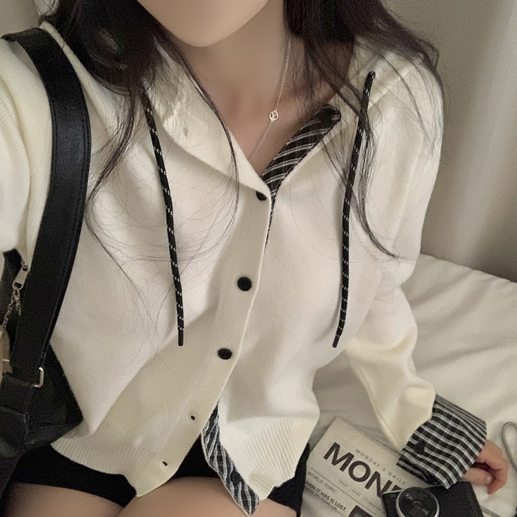 チェックバイカラーフードニットカーディガン(5color) BEIGE