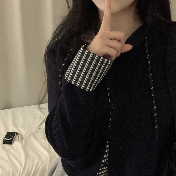 チェックバイカラーフードニットカーディガン(5color) NAVY