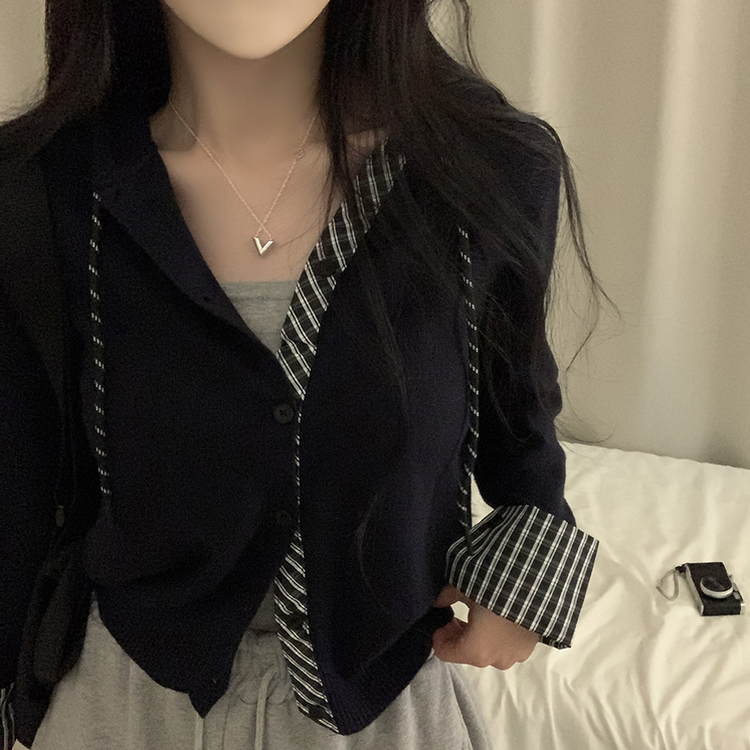 チェックバイカラーフードニットカーディガン(5color) NAVY