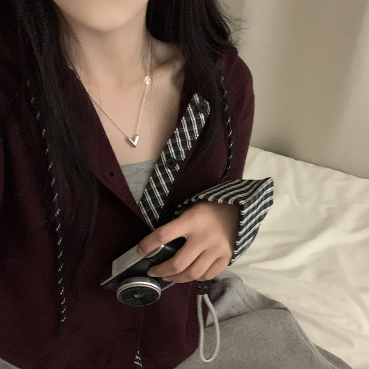 チェックバイカラーフードニットカーディガン(5color) WINE