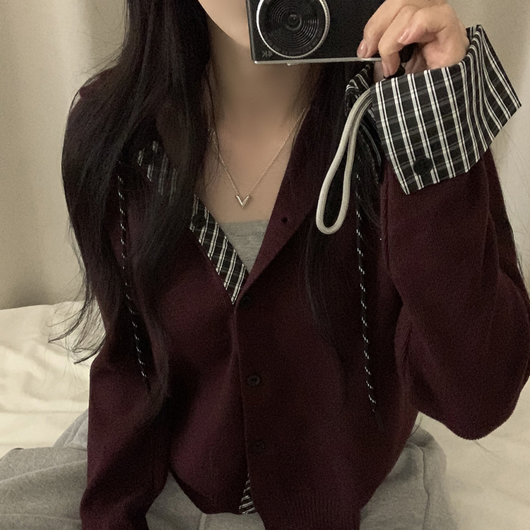 チェックバイカラーフードニットカーディガン(5color) WINE