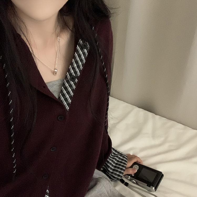 チェックバイカラーフードニットカーディガン(5color) WINE