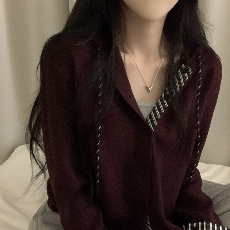 チェックバイカラーフードニットカーディガン(5color) WINE