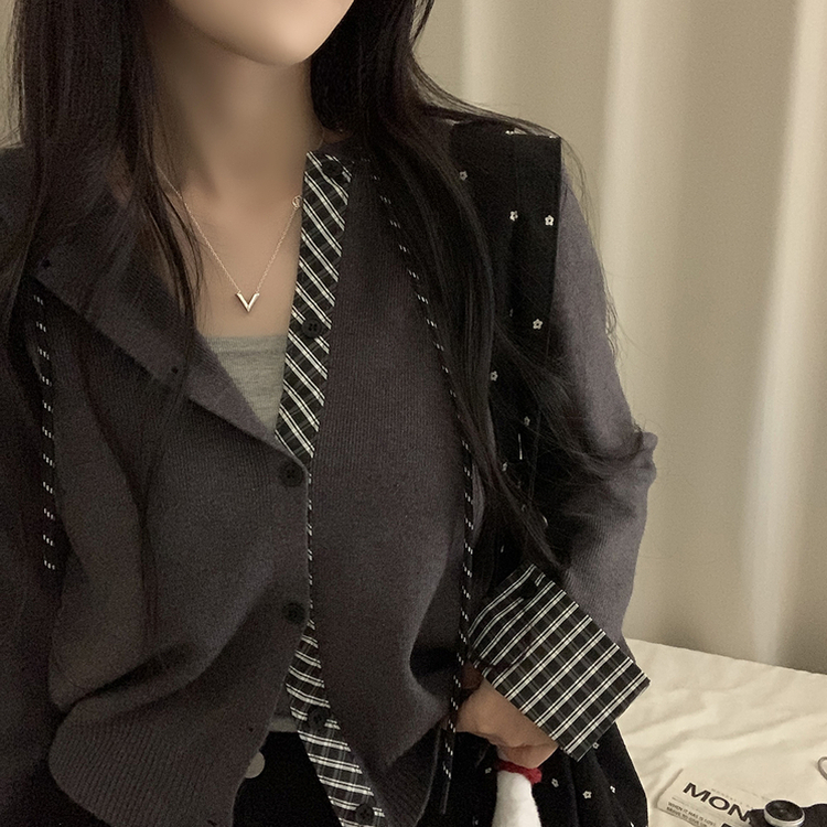 チェックバイカラーフードニットカーディガン(5color) GREY