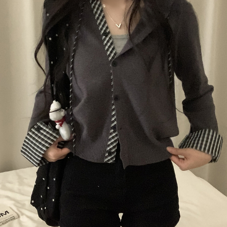 チェックバイカラーフードニットカーディガン(5color) GREY