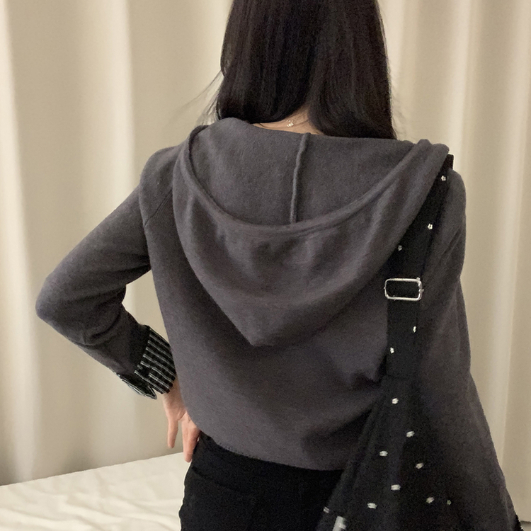 チェックバイカラーフードニットカーディガン(5color) GREY