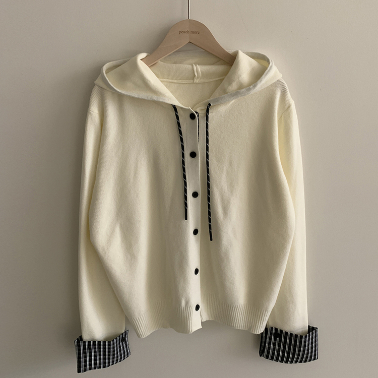 チェックバイカラーフードニットカーディガン(5color)