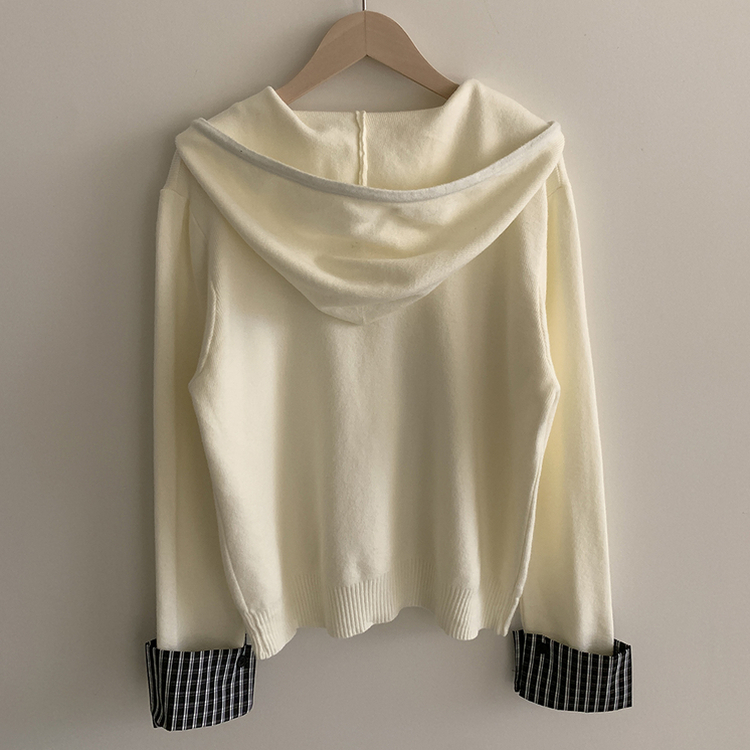 チェックバイカラーフードニットカーディガン(5color)