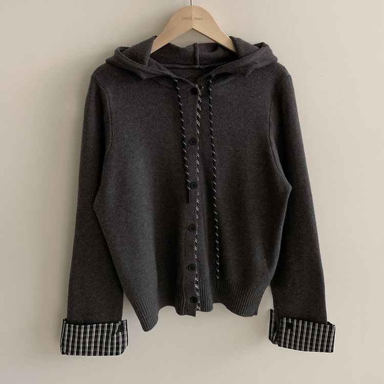 チェックバイカラーフードニットカーディガン(5color)