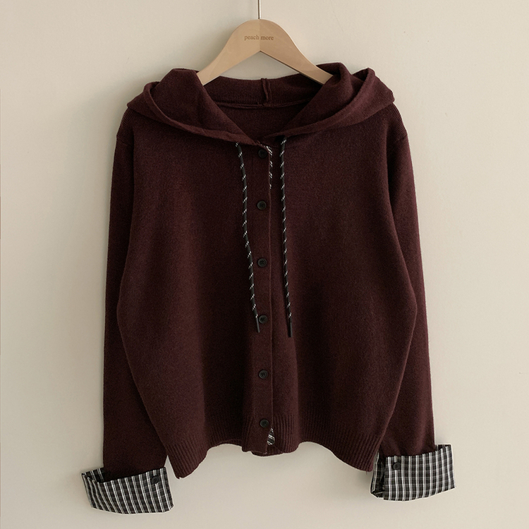 チェックバイカラーフードニットカーディガン(5color)