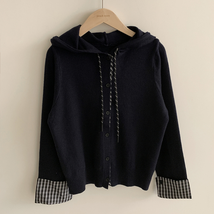 チェックバイカラーフードニットカーディガン(5color)