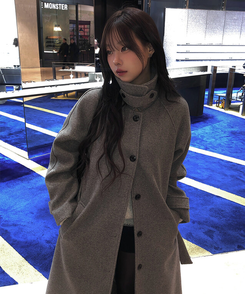 ハイネックキルティングウールベルトロングコート GREY